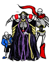 Rule 34 | 3boys, abelardo, ainz ooal gown, english text, full body, fur-trimmed jacket, fur trim, gloves, hollow eyes, hood, jacket, looking at another, male focus, monster boy, multiple boys, open clothes, open jacket, overlord (maruyama), papyrus (undertale), red eyes, red footwear, red gloves, ribs, robe, sans (undertale), scarf, shorts, skeleton, slippers, standing, teeth, undertale, white background, white eyes