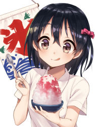 Rule 34 | 1girl, :q, black hair, bow, brown eyes, closed mouth, food, hair bow, holding, holding spoon, original, pink bow, shaved ice, shirt, short sleeves, smile, solo, spoon, tongue, tongue out, upper body, warabimochi kinako, white background, white shirt