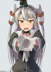 Rule 34 | 10s, 1girl, :d, amatsukaze (kancolle), blush, brown eyes, choker, commentary request, fang, giving, glove spread, gloves, unworn gloves, grey background, hair tubes, hinami (hinatamizu), holding, kantai collection, long hair, looking at viewer, open mouth, panties, school uniform, serafuku, sexually suggestive, silver hair, simple background, single glove, smile, smoke, solo, steam, sweat, two side up, underwear