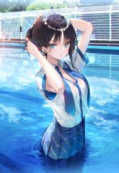 Rule 34 | 1girl, blue eyes, blue necktie, blue skirt, blush, brown hair, collared shirt, copyright request, dsmile, fence, hair bun, hands in hair, long hair, looking at viewer, necktie, open mouth, parted lips, pleated skirt, pool, school uniform, shirt, short sleeves, single hair bun, skirt, solo, standing, tree, uniform, water, white shirt