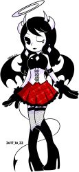 Rule 34 | 1girl, alice (bendy and the ink machine), bat wings, bendy and the ink machine, black hair, black lips, boots, breasts, corset, dated, fishnet thighhighs, fishnets, gloves, halloween, halo, high heel boots, high heels, highres, horns, one eye closed, skirt, tail, thighhighs, wings, wink
