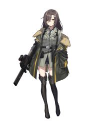 Rule 34 | 1girl, absurdres, alpha transparency, breast pocket, brown hair, christina brecht, counter:side, full body, gun, hair between eyes, hair ornament, hairclip, highres, holding, holding gun, holding weapon, long hair, necktie, official art, pocket, shorts, solo, tachi-e, transparent background, weapon, x hair ornament, yellow eyes