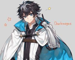 Rule 34 | 10s, 1boy, armor, black hair, blue eyes, cape, character name, charlemagne (fate), chocoan, fate/extella, fate/extella link, fate/extra, fate (series), grey background, male focus, multicolored hair, short hair, simple background, smile, solo, star (symbol), two-tone hair, upper body, v