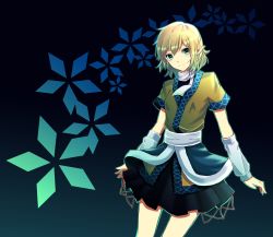 Rule 34 | 1girl, absurdres, arm warmers, bad id, bad pixiv id, blonde hair, blue background, female focus, gradient background, green eyes, highres, layered clothes, mizuhashi parsee, ozone sou, pointy ears, short hair, skirt, smile, solo, taiki (ozone), touhou