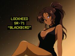 Rule 34 | 1girl, black dress, breasts, brown hair, character name, choker, cleavage, commentary, dark skin, dress, earrings, english commentary, fishnet pantyhose, fishnets, highres, jewelry, large breasts, lockheed martin, long hair, no bra, original, pantyhose, personification, ponytail, realjudoippon, sitting, sky, smile, solo, sr-71 blackbird, star (sky), starry sky, text focus, tight clothes, tight dress