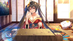 Rule 34 | 1girl, ahoge, animal, azur lane, bare shoulders, black bow, blush, board game, bow, brown eyes, brown hair, cat, chahei, commentary, hair between eyes, hair bow, hair ribbon, hand up, head tilt, highres, indoors, japanese clothes, kimono, long hair, long sleeves, mask, mask on head, off shoulder, parted lips, red kimono, red ribbon, ribbon, shogi, solo, striped, striped bow, symbol-only commentary, taihou (azur lane), twintails, very long hair, wide sleeves