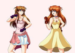 Rule 34 | 2girls, alternate hair color, angry, annoyed, blue eyes, breasts, brown hair, cleavage, dress, dual persona, evangelion: 2.0 you can (not) advance, face-to-face, fighting stance, gloves, hair ornament, hairclip, hand on own hip, long hair, looking at another, medium breasts, multiple girls, neon genesis evangelion, open mouth, orange hair, rebuild of evangelion, skirt, souryuu asuka langley, yellow dress