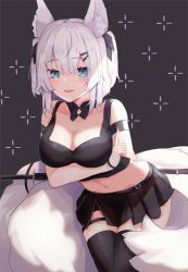 Rule 34 | 1girl, animal ear fluff, animal ears, aqua eyes, arm behind back, arm strap, ars almal, bare shoulders, black shirt, black skirt, black thighhighs, breast hold, breasts, cleavage, crop top, detached collar, fox ears, fox tail, hair ornament, hair ribbon, hairclip, highres, large breasts, large tail, looking at viewer, midriff, miniskirt, multiple tails, navel, nijisanji, open mouth, panipo, pleated skirt, ribbon, sheath, sheathed, shirt, short hair, skirt, sleeveless, sleeveless shirt, smile, solo, stomach, sword, tail, thigh strap, thighhighs, two side up, virtual youtuber, weapon, weapon on back, white hair, zettai ryouiki