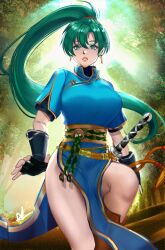 Rule 34 | 1girl, aqua eyes, arialla draws, blue dress, boots, breasts, brown footwear, dress, earrings, fingerless gloves, fire emblem, fire emblem: the blazing blade, forest, gloves, green hair, high ponytail, highres, jewelry, knee up, large breasts, legs, light rays, long hair, looking at viewer, lyn (fire emblem), nature, nintendo, outdoors, parted lips, pelvic curtain, ponytail, sheath, solo, sunlight, sword, thighs, tree, very long hair, weapon