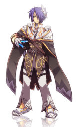 Rule 34 | 1boy, adapted costume, between fingers, brown cape, brown shirt, caduceus, cape, closed mouth, commentary request, emon-yu, full body, genetic (ragnarok online), gloves, hair between eyes, hair over one eye, holding, living clothes, looking at viewer, male focus, mask, mask on head, pants, purple hair, ragnarok online, shirt, short hair, simple background, smile, solo, standing, teeth, vial, white background, white gloves, white pants, yellow eyes