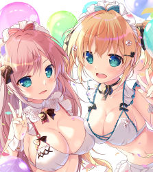Rule 34 | 2girls, apron, aqua eyes, balloon, bikini, blush, breasts, choker, cleavage, commentary, detached collar, hair between eyes, hair ornament, hair ribbon, hairclip, highres, large breasts, long hair, looking at viewer, maid, maid bikini, maid headdress, mikeou, multiple girls, navel, open mouth, orange hair, original, pink hair, ribbon, sideboob, simple background, smile, standing, swimsuit, symbol-only commentary, teeth, unconventional maid, upper body, upper teeth only, v, white background, white bikini