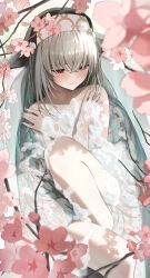 Rule 34 | 1girl, absurdres, bathing, bathtub, blue archive, blurry, blurry foreground, blush, censored, cherry blossoms, closed mouth, coif, crossed bangs, grey hair, hair between eyes, halo, hidulume, highres, long hair, nun, partially submerged, petals, petals on liquid, red eyes, sakurako (blue archive), solo, yellow halo