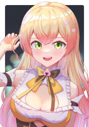 Rule 34 | 1girl, :d, arm at side, arm strap, arm up, bare shoulders, black ribbon, blonde hair, bow, breasts, cleavage, cleavage cutout, clothing cutout, dress, eyelashes, fang, flower hair ornament, frilled dress, frills, gradient hair, green eyes, hair between eyes, highres, hololive, light blush, long hair, looking at viewer, medium breasts, momosuzu nene, momosuzu nene (1st costume), multicolored bow, multicolored clothes, multicolored dress, multicolored hair, open mouth, pink hair, ribbon, sleeveless, sleeveless dress, smile, solo, straight-on, teeth, tongue, typho, upper body, virtual youtuber, yellow ribbon