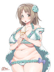 Rule 34 | 1girl, :p, artist name, bare shoulders, belly, breasts, brown eyes, brown hair, dessert, fat, food, highres, huge breasts, idolmaster, idolmaster cinderella girls, large breasts, long hair, looking at viewer, mimura kanako, navel, obui, plump, signature, simple background, solo, thick thighs, thighs, tongue, tongue out, underboob, white background