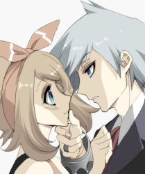 Rule 34 | 1boy, 1girl, bad id, bad pixiv id, blue eyes, brown hair, creatures (company), game freak, jewelry, may (pokemon), misteor, nintendo, open mouth, pokemon, pokemon oras, ring, short hair, simple background, steven stone, white background