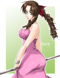 Rule 34 | 1990s (style), 1girl, aerith gainsborough, aqua eyes, ass, bow, breasts, brown hair, character name, cleavage, dress, drill hair, eyeshadow, final fantasy, final fantasy vii, hair bow, koga nao, long dress, long hair, looking back, makeup, mascara, pink dress, solo, staff, weapon, wristband