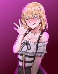 Rule 34 | 1girl, :q, absurdres, bare shoulders, black skirt, blonde hair, blue eyes, blush, breasts, cleavage, collarbone, commentary, earrings, fellatio gesture, frilled shirt, frills, gradient background, hair ornament, hand up, heart, heart earrings, high-waist skirt, highres, hololive, hololive english, jewelry, large breasts, looking at viewer, medium breasts, nose blush, off-shoulder shirt, off shoulder, ok sign, purple background, shirt, short hair, short sleeves, skirt, smile, solo, suspenders, tongue, tongue out, upper body, virtual youtuber, watson amelia, watson amelia (street casual), white shirt, woo (woosan), zipper