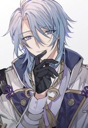 Rule 34 | 1boy, armor, black gloves, blue hair, closed mouth, genshin impact, gloves, hair between eyes, highres, japanese clothes, kamisato ayato, long hair, looking at viewer, male focus, mole, mole under mouth, nienieeel, purple eyes, shoulder armor, simple background, smile, solo, upper body, white background, white sleeves