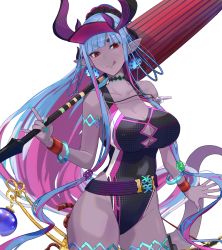 Rule 34 | 1girl, bare shoulders, belt, black one-piece swimsuit, blue hair, blush, body markings, bracelet, breasts, cleavage, collarbone, colored skin, covered navel, earrings, fate/grand order, fate (series), grey skin, hair between eyes, hat, highleg, highleg swimsuit, highres, horns, hsin, ibuki douji (fate), ibuki douji (swimsuit berserker) (fate), jewelry, katana, large breasts, licking lips, long hair, looking at viewer, magatama, multicolored hair, oil-paper umbrella, one-piece swimsuit, oni, oni horns, pink hair, pink hat, pink one-piece swimsuit, pointy ears, ponytail, red eyes, sidelocks, smile, solo, swimsuit, sword, tail, thighs, tongue, tongue out, two-tone swimsuit, umbrella, visor cap, weapon, white background, wristband