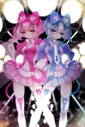 Rule 34 | 2girls, bad id, bad pixiv id, blue bow, blue hair, blue nails, blue neckwear, blue skirt, blush, bow, bowtie, contrapposto, copyright request, feet out of frame, frilled skirt, frills, hair between eyes, hair bow, hand up, juliet sleeves, long sleeves, looking at viewer, mamaloni, multiple girls, nail polish, necktie, pink bow, pink hair, pink neckwear, puffy sleeves, purple eyes, purple skirt, red eyes, show by rock!!, skirt, smile, standing, tail, thighhighs, white legwear