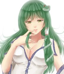 Rule 34 | 1girl, bad id, bad pixiv id, bare shoulders, breasts, cleavage, female focus, finger to mouth, frog hair ornament, green eyes, green hair, hair ornament, highres, japanese clothes, kochiya sanae, large breasts, lips, long hair, matching hair/eyes, miko, snake hair ornament, solo, touhou, white background, x&amp;x&amp;x