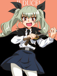Rule 34 | 1girl, :d, anchovy (girls und panzer), anzio school uniform, belt, black belt, black cape, black necktie, black ribbon, black skirt, cape, character name, commentary request, cowboy shot, dress shirt, drill hair, eyes visible through hair, girls und panzer, green hair, hair ribbon, holding, holding riding crop, italian text, long hair, long sleeves, looking at viewer, miniskirt, necktie, oosaka kanagawa, open mouth, pantyhose, pleated skirt, red background, red eyes, ribbon, riding crop, school uniform, shirt, skirt, smile, solo, standing, twin drills, twintails, v-shaped eyebrows, white pantyhose, white shirt, wing collar