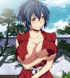 Rule 34 | 1girl, blue hair, blush, breast hold, breasts, cleavage, embarrassed, highres, hoods entertainment, huge breasts, manyuu chifusa, manyuu hikenchou, outdoors, screencap, solo focus, stitched, sweat, takagi jun, third-party edit, underboob, yellow eyes