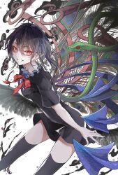 Rule 34 | 1girl, asymmetrical wings, black dress, black hair, black thighhighs, blue wings, breasts, commentary, dress, eyelashes, feet out of frame, hair between eyes, hegata (hegatia lapis), highres, houjuu nue, long hair, looking at viewer, pointy ears, red eyes, red wings, simple background, small breasts, snake, solo, thighhighs, touhou, white background, wings