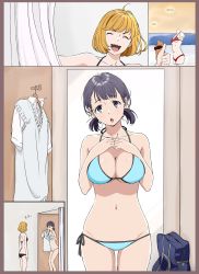Rule 34 | 2girls, 3koma, absurdres, bag, bare shoulders, bikini, black bikini, blonde hair, blue bikini, breasts, cleavage, clothes hanger, collarbone, comic, commentary request, curtains, dressing, dressing room, halterneck, hands on own chest, highres, indoors, jijo (kakitama), kakitama, mannequin, matching hair/eyes, mirror, multiple girls, open mouth, original, patsukin (kakitama), purple eyes, purple hair, school bag, shirt, shop, short twintails, side-tie bikini bottom, side-tie bottom, silent comic, smile, sweater vest, swimsuit, thumbs up, twintails, white shirt