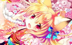 Rule 34 | 1girl, :d, animal ear fluff, animal ears, blonde hair, blue bow, bow, commentary request, dutch angle, fang, fingernails, floral background, floral print, fox ears, fox shadow puppet, hair between eyes, hair bow, hand up, japanese clothes, kimono, long hair, long sleeves, looking at viewer, obi, open clothes, open mouth, original, print kimono, purple eyes, red kimono, sakurazawa izumi, sash, smile, solo, wide sleeves