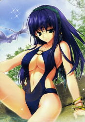 Rule 34 | 1girl, arm support, blue eyes, blue hair, breasts, casual one-piece swimsuit, green eyes, highres, hrist valkyrie, kamishiro midorimaru, long hair, matching hair/eyes, one-piece swimsuit, sitting, solo, swimsuit, underboob, valkyrie profile (series), valkyrie profile 2: silmeria