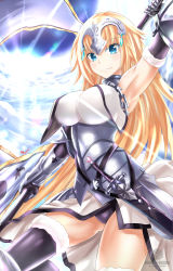 Rule 34 | 1girl, absurdres, arm up, armor, armored dress, armpits, black panties, black thighhighs, blonde hair, blue eyes, blush, breasts, chain, closed mouth, covered erect nipples, cowboy shot, fate/apocrypha, fate/grand order, fate (series), flag, fur trim, gauntlets, headpiece, highres, jeanne d&#039;arc (fate), jeanne d&#039;arc (ruler) (fate), jeanne d&#039;arc (third ascension) (fate), large breasts, light smile, long hair, looking at viewer, nez-box, panties, pantyshot, smile, solo, standing, sunlight, thighhighs, underwear, very long hair, watermark