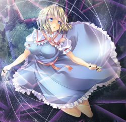 Rule 34 | 1girl, alice margatroid, blonde hair, blue eyes, breasts, capelet, dress, female focus, jewelry, large breasts, maki (seventh heaven maxion), puppet rings, puppet strings, ring, sash, short hair, short sleeves, solo, string, touhou