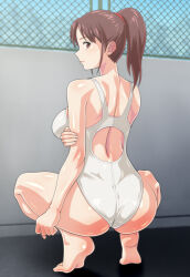 Rule 34 | 1girl, anime coloring, ass, back, back cutout, bare arms, bare legs, barefoot, breasts, brown eyes, clenched hand, closed mouth, clothing cutout, competition swimsuit, fence, hand on own arm, highleg, looking at viewer, looking back, medium breasts, monteriakitto, nape, one-piece swimsuit, original, ponytail, profile, soles, solo, squatting, swimsuit, white one-piece swimsuit