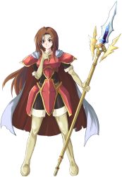 Rule 34 | 1girl, altenna (fire emblem), armor, bad id, bad pixiv id, boots, brown eyes, brown hair, cape, echizen (hvcv), elbow gloves, fire emblem, fire emblem: genealogy of the holy war, gloves, headband, highres, long hair, nintendo, polearm, simple background, smile, solo, spear, thigh boots, thighhighs, very long hair, weapon, white background