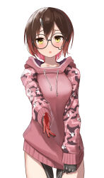 Rule 34 | 1girl, :o, absurdres, android, black-framed eyewear, blush, brown hair, collarbone, commentary request, cowboy shot, drawstring, glasses, gradient hair, hair between eyes, highres, hololive, hood, hood down, hoodie, horns, long sleeves, looking at viewer, mechanical arms, mechanical legs, multicolored hair, no pants, outstretched arm, outstretched hand, paw print, pink hair, pink hoodie, print hoodie, roboco-san, roboco-san (hoodie), shirt tug, short hair, simple background, single horn, solo, standing, teardrop-framed glasses, virtual youtuber, white background, yellow eyes, yuuzuki (re&#039;ef)