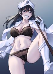 Rule 34 | 1girl, bambietta basterbine, black bra, black hair, black panties, bleach, blue background, blue eyes, blush, bra, breasts, cameltoe, claw pose, cleavage, covered erect nipples, evil smile, feet out of frame, femdom, gloves, hair between eyes, hat, highres, holding, holding leash, imminent stomping, jacket, lace, lace-trimmed bra, lace-trimmed panties, lace trim, large breasts, leash, lingerie, long hair, looking at viewer, looking down, midriff, military hat, navel, open clothes, open jacket, open mouth, panties, sakuya (liao kj), simple background, smile, soles, solo, sternritter, stomach, stomping, thigh gap, thighs, unbuttoned jacket, underwear, white footwear, white gloves, white hat, white jacket