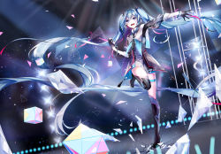 Rule 34 | 1girl, absurdly long hair, bad id, bad pixiv id, blue eyes, blue hair, floating hair, gloves, hatsune miku, long hair, mamenomoto, matching hair/eyes, outstretched arm, solo, standing, standing on one leg, thighhighs, twintails, very long hair, vocaloid