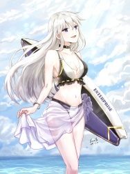 Rule 34 | 1girl, azur lane, bikini, bracelet, breasts, choker, cleavage, dated, day, do it lara, enterprise (azur lane), highres, jewelry, lifted by self, looking at viewer, medium breasts, navel, ocean, open mouth, outdoors, purple eyes, sarong, sky, smile, solo, surfboard, swimsuit, water, white hair
