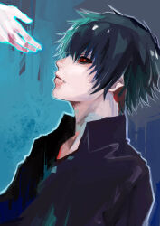 Rule 34 | 1boy, absurdres, black hair, black reaper, black sclera, black shirt, closed mouth, colored sclera, from side, green background, highres, kyuuba melo, looking at hand, looking up, male focus, red eyes, shirt, short hair, solo focus, tokyo ghoul, tokyo ghoul:re