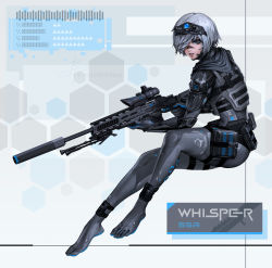 Rule 34 | 1girl, black bodysuit, bodysuit, elbow pads, facial mark, goddess of victory: nikke, grey eyes, grey hair, gun, hair over one eye, highres, holding, holding gun, holding weapon, imdrunkontea, looking at viewer, night vision device, original, parted lips, polygonal suppressor, rifle, short hair, sniper rifle, solo, suppressor, toes, trigger discipline, weapon