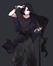 Rule 34 | 1boy, belt, chain, closed mouth, collarbone, cuffs, fingernails, grey background, hand on own head, highres, long fingernails, male focus, nail polish, original, red eyes, red nails, shackles, simple background, solo, stitches, torn, torn clothes, vampire, zero808w