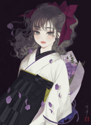 Rule 34 | 1girl, absurdres, arms behind back, bouquet, bow, brown eyes, brown hair, earrings, flower, flower earrings, hair bow, hakama, highres, holding, holding flower, japanese clothes, jewelry, kimono, original, parted lips, petals, ponytail, purple background, solo, ushiyama ame, wavy hair, wind, yagasuri