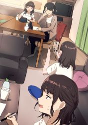 Rule 34 | 4girls, :d, ;), ^ ^, absurdres, bendy straw, black hair, black pants, blue pants, blush, bottle, brown hair, brown jacket, cellphone, character request, closed eyes, closed mouth, couch, curtains, drinking straw, highres, holding, holding phone, huge filesize, idolmaster, idolmaster shiny colors, indoors, jacket, misaki nonaka, multiple girls, no shoes, on chair, one eye closed, open clothes, open jacket, open mouth, pants, phone, real life, shirt, sitting, smile, socks, sparkle, table, white legwear, white shirt, wooden floor