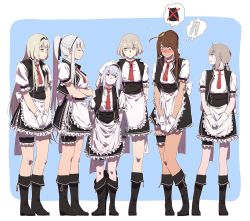 Rule 34 | 6+girls, ak-12 (girls&#039; frontline), alternate costume, blonde hair, blush, braid, brown hair, character request, commentary request, crossed arms, enmaided, closed eyes, french braid, girls&#039; frontline, green eyes, hand on another&#039;s head, height difference, huqu, lee-enfield (girls&#039; frontline), low ponytail, m200 (girls&#039; frontline), maid, multiple girls, purple eyes, red eyes, silver hair, sweatdrop, yellow eyes