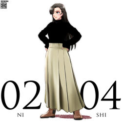 Rule 34 | 1girl, artist logo, asymmetrical bangs, black eyes, black hair, black sweater, boots, brown footwear, commentary, dated, full body, girls und panzer, grey skirt, hands on own hips, high-waist skirt, long hair, long skirt, long sleeves, looking to the side, nishi itsumi, nishi kinuyo, open mouth, pleated skirt, simple background, skirt, sleeves past wrists, smile, solo, standing, straight hair, sweater, white background