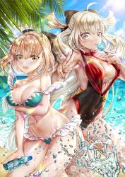 Rule 34 | 2girls, ahoge, alternate costume, beach, bikini, black ribbon, blonde hair, breasts, cleavage, commentary request, cowboy shot, day, fate/grand order, fate (series), food, frilled bikini, frills, hair ribbon, highres, koha-ace, large breasts, looking at viewer, multiple girls, navel, nyamaso, ocean, okita souji (fate), okita souji (koha-ace), okita souji alter (fate), one-piece swimsuit, one side up, open mouth, outdoors, palm tree, platinum blonde hair, popsicle, ramune, ribbon, sand, smile, stomach, swimsuit, tree, water, water drop, yellow eyes