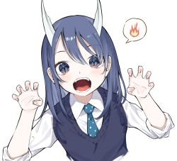 Rule 34 | 1girl, absurdres, aoki ruri, blue eyes, blue hair, blue necktie, blue vest, blush, claw pose, collared shirt, commentary request, dragon girl, dragon horns, fangs, fingernails, fire, hands up, highres, horns, jitome, lechiennoir, long sleeves, looking at viewer, medium hair, multicolored eyes, necktie, open mouth, pink eyes, purple eyes, raised eyebrow, ruri dragon, school uniform, shirt, simple background, sleeves rolled up, slit pupils, solo, speech bubble, spoken object, swept bangs, tears, teeth, tongue, upper body, vest, white background, white shirt