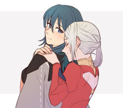 Rule 34 | 2girls, blue eyes, blue hair, blush, byleth (female) (fire emblem), byleth (fire emblem), closed eyes, closed mouth, clothing cutout, collar, commentary request, couple, dress, edelgard von hresvelg, fire emblem, fire emblem: three houses, from behind, grey background, hair between eyes, hand on another&#039;s shoulder, holding hands, jacket, jacket on shoulders, long hair, long sleeves, looking at another, looking back, multiple girls, nintendo, puffy long sleeves, puffy sleeves, red dress, riromomo, simple background, smile, upper body, white hair, yuri