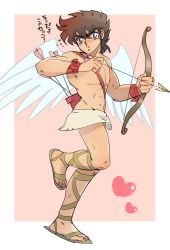 Rule 34 | abs, angel, angel wings, arrow (projectile), blush, bow, brown eyes, brown hair, cosplay, cupid, embarrassed, foot up, heart, highres, japanese text, looking at viewer, male focus, muscular, muscular male, nerimeshi, pectorals, pegasus seiya, pink background, pinup (style), quiver, saint seiya, sandals, simple background, skirt, solo, sweatdrop, topless male, translation request, wings, wristband